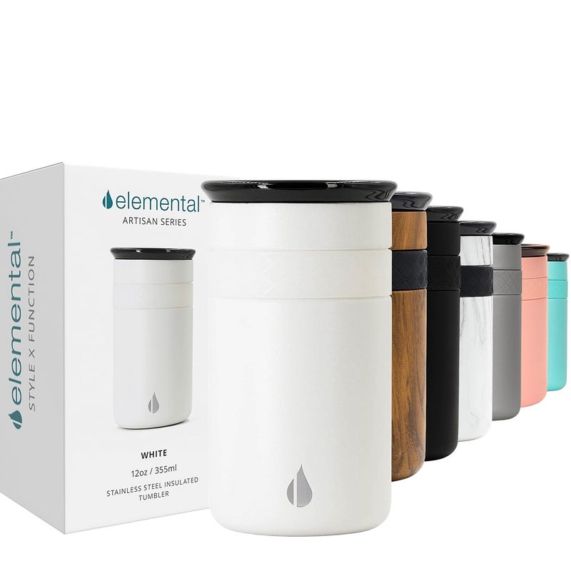 Elemental Artisan Insulated Tumbler, Triple Wall Coffee Travel Mug, Reusable Stainless Steel Coffee Tumbler with Ceramic Lid, Thermal Coffee Cups for Hot (6 Hrs) & Cold (18 Hrs), 12oz - Matte White - Image 1